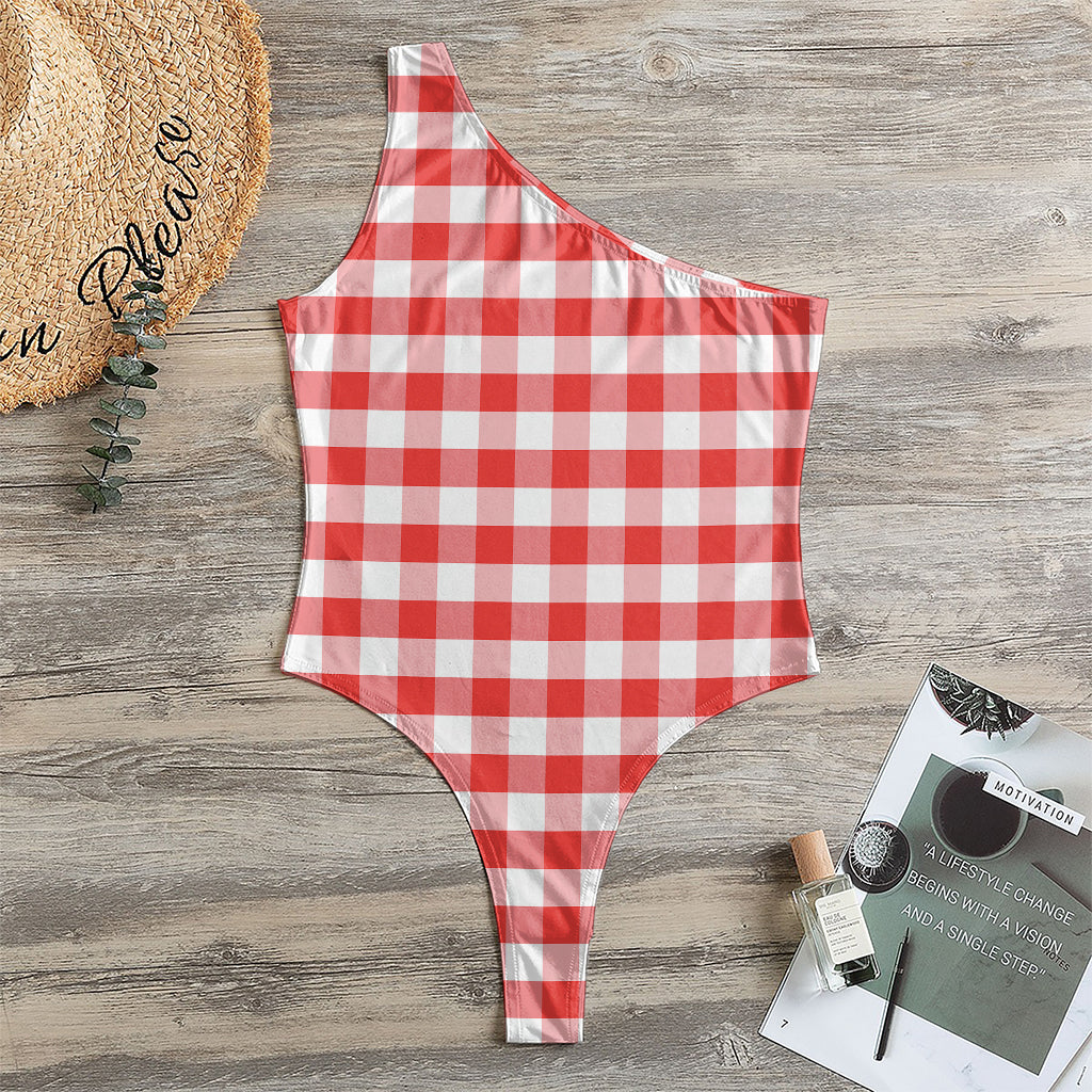 Red And White Gingham Pattern Print One Shoulder Bodysuit