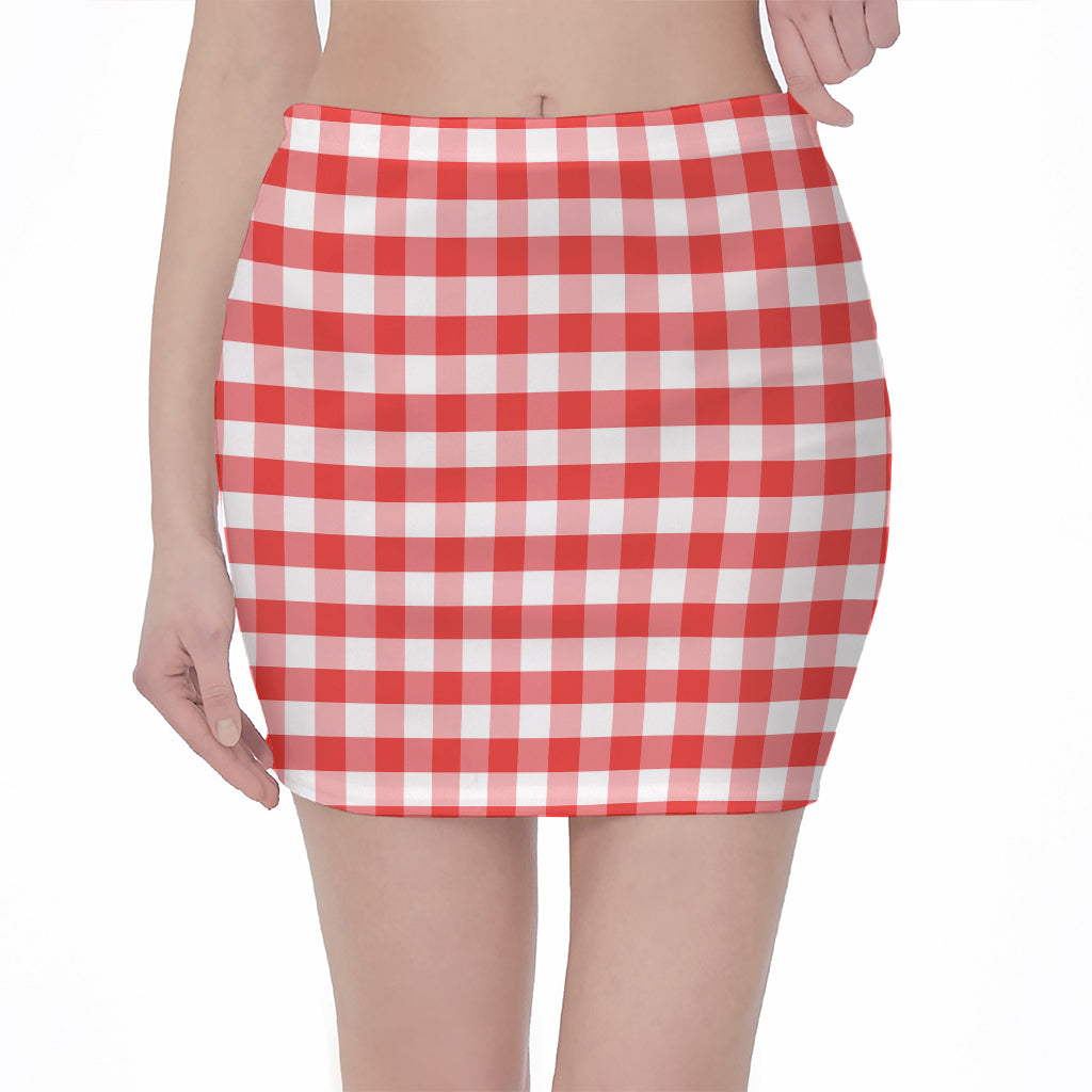Red And White Gingham Pattern Print Pencil Mini Skirt