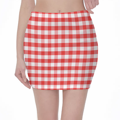 Red And White Gingham Pattern Print Pencil Mini Skirt