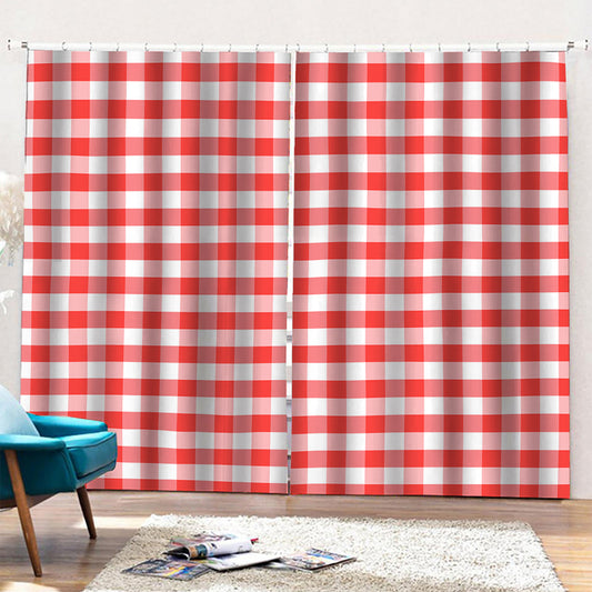Red And White Gingham Pattern Print Pencil Pleat Curtains