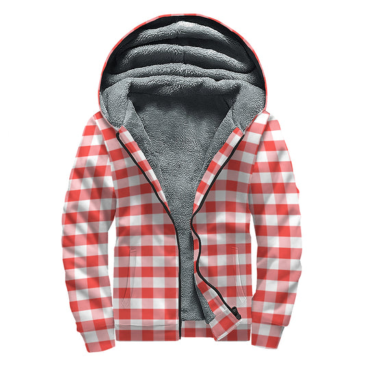 Red And White Gingham Pattern Print Sherpa Lined Zip Up Hoodie