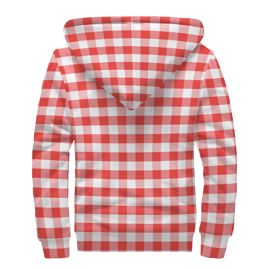 Red And White Gingham Pattern Print Sherpa Lined Zip Up Hoodie