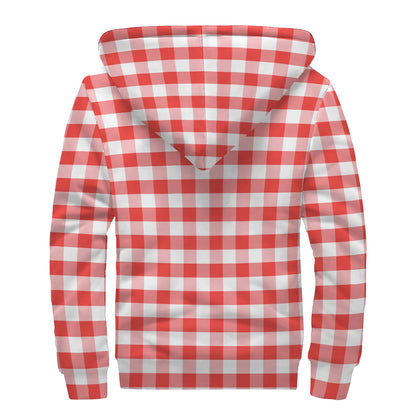 Red And White Gingham Pattern Print Sherpa Lined Zip Up Hoodie