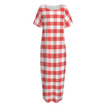 Red And White Gingham Pattern Print Short Sleeve Long Nightdress