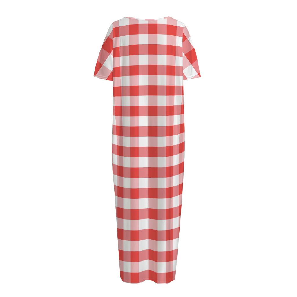 Red And White Gingham Pattern Print Short Sleeve Long Nightdress