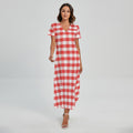 Red And White Gingham Pattern Print Short Sleeve Maxi Dress