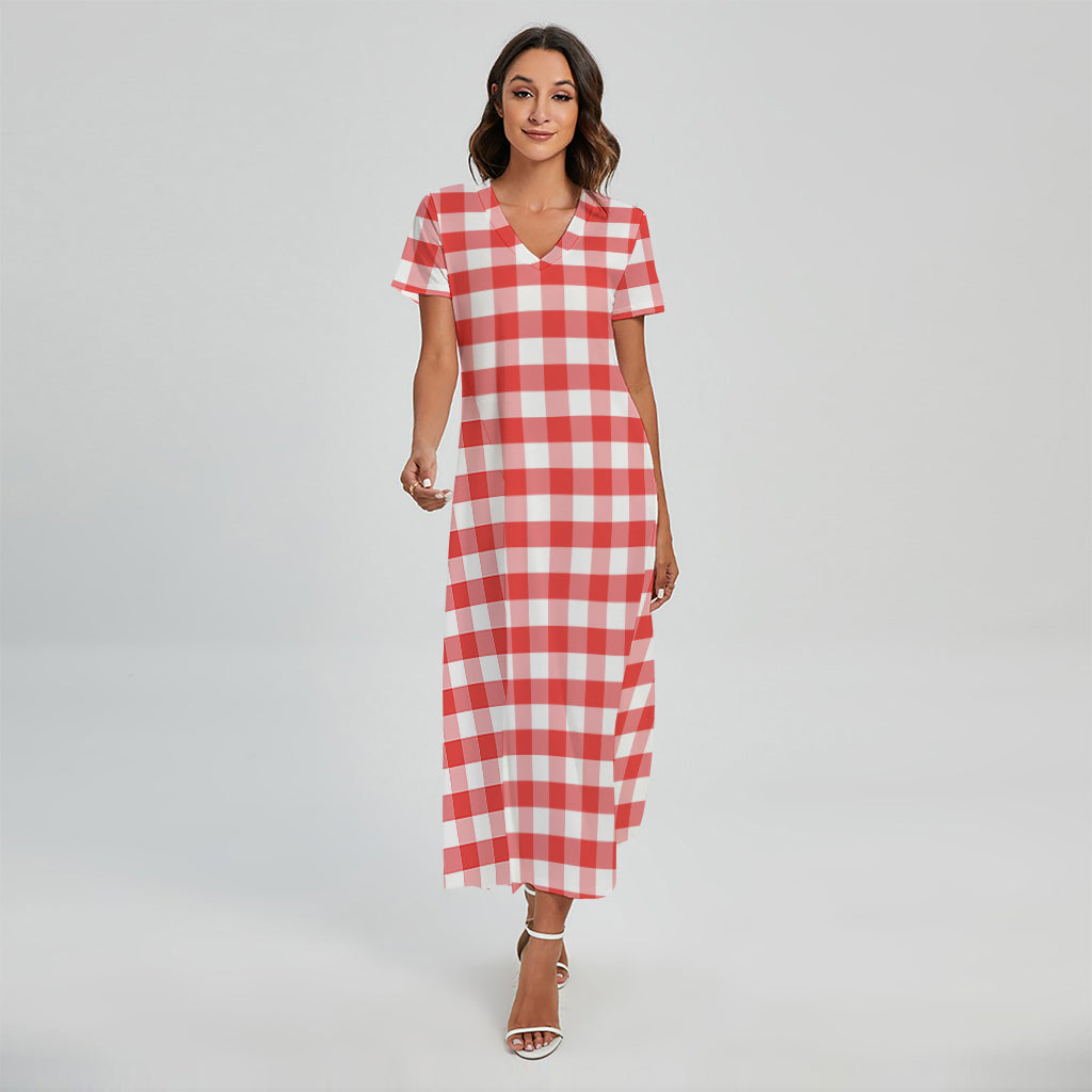 Red And White Gingham Pattern Print Short Sleeve Maxi Dress