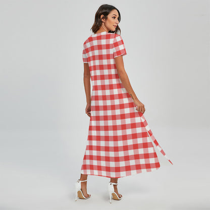 Red And White Gingham Pattern Print Short Sleeve Maxi Dress
