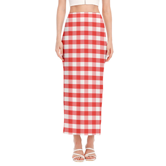 Red And White Gingham Pattern Print Side Slit Maxi Skirt