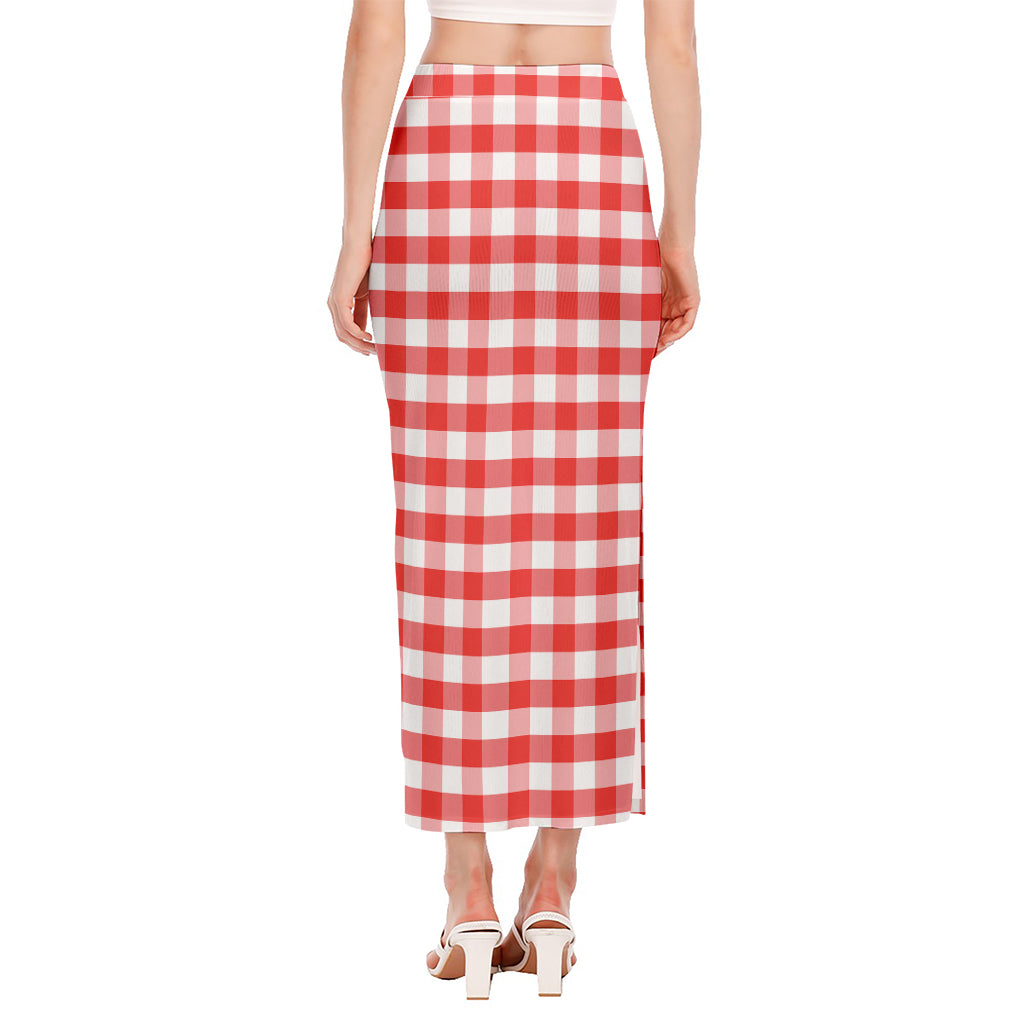 Red And White Gingham Pattern Print Side Slit Maxi Skirt