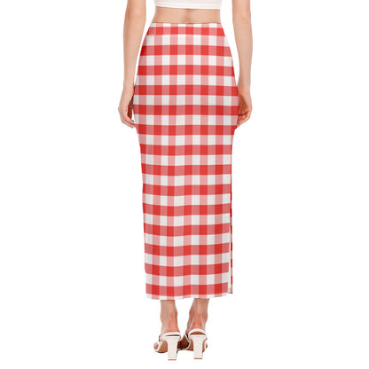 Red And White Gingham Pattern Print Side Slit Maxi Skirt