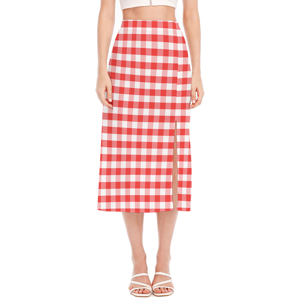 Red And White Gingham Pattern Print Side Slit Midi Skirt