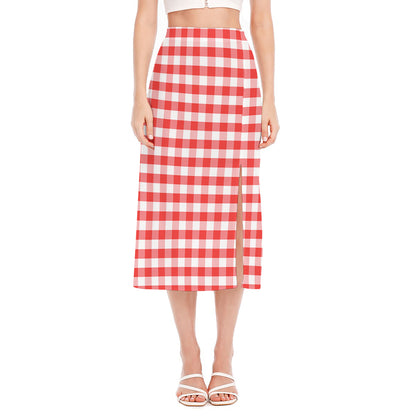 Red And White Gingham Pattern Print Side Slit Midi Skirt