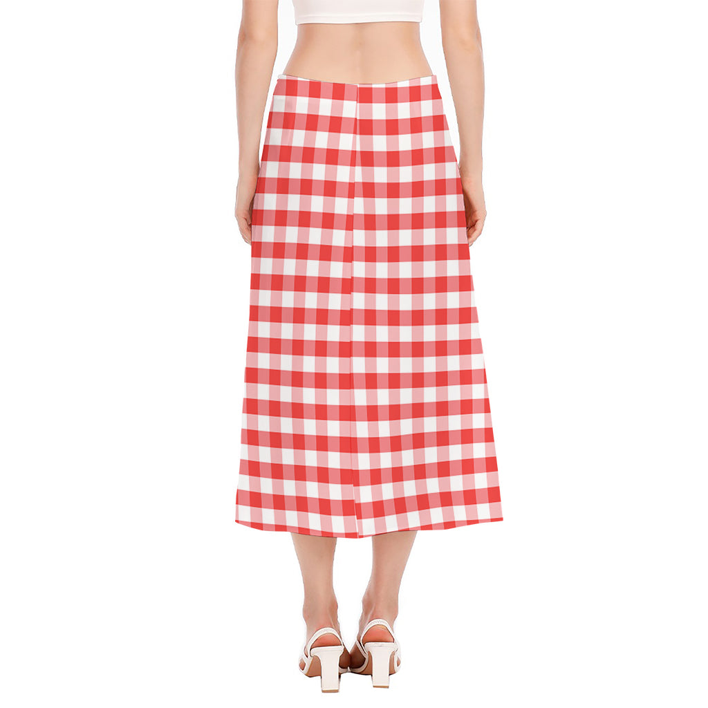 Red And White Gingham Pattern Print Side Slit Midi Skirt