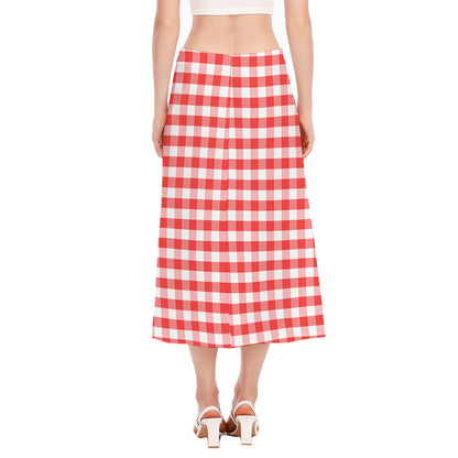 Red And White Gingham Pattern Print Side Slit Midi Skirt