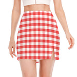 Red And White Gingham Pattern Print Side Slit Mini Skirt