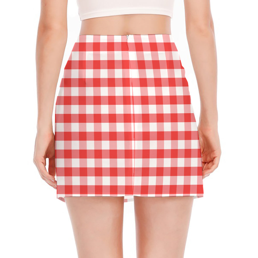 Red And White Gingham Pattern Print Side Slit Mini Skirt