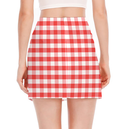 Red And White Gingham Pattern Print Side Slit Mini Skirt