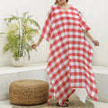 Red And White Gingham Pattern Print Silk V-Neck Kaftan Dress