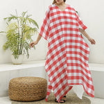 Red And White Gingham Pattern Print Silk V-Neck Kaftan Dress
