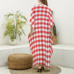 Red And White Gingham Pattern Print Silk V-Neck Kaftan Dress
