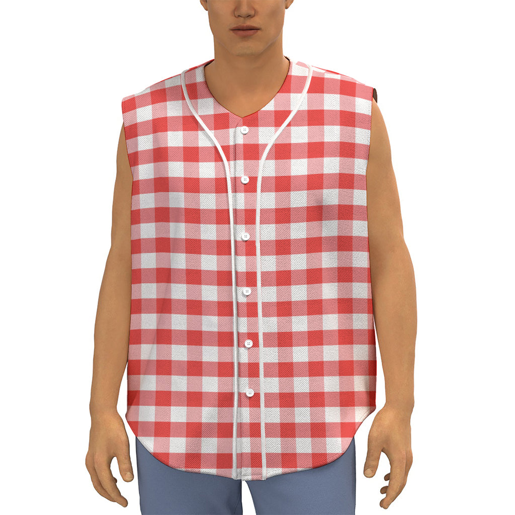 Red And White Gingham Pattern Print Sleeveless Baseball Jersey