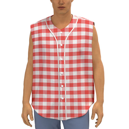 Red And White Gingham Pattern Print Sleeveless Baseball Jersey