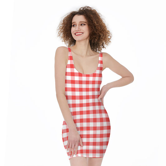 Red And White Gingham Pattern Print Sleeveless Bodycon Dress