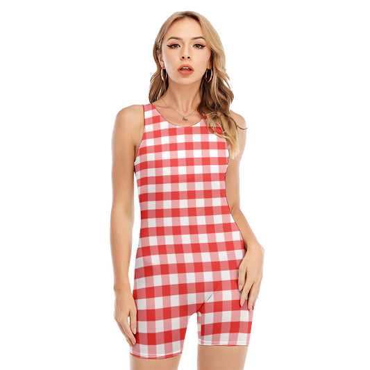 Red And White Gingham Pattern Print Sleeveless One Piece Swimsuit