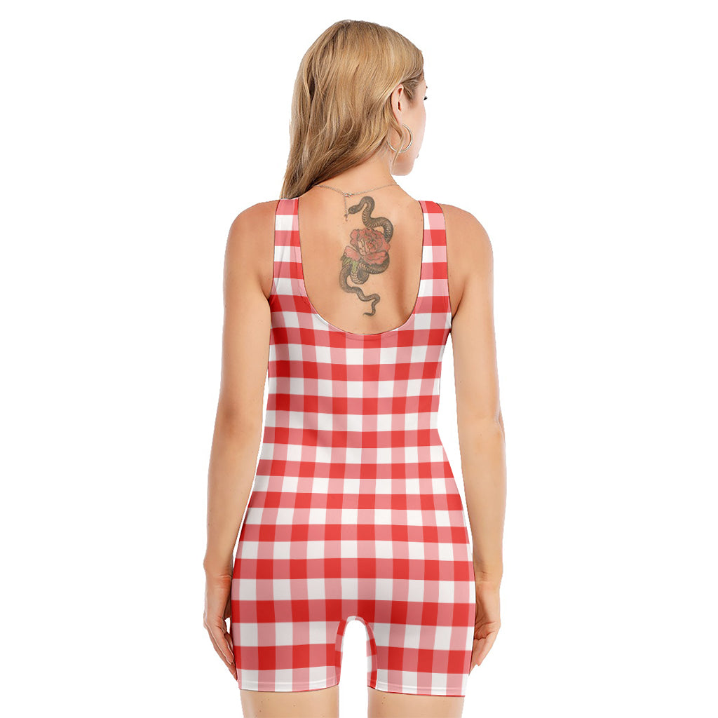 Red And White Gingham Pattern Print Sleeveless One Piece Swimsuit