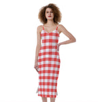 Red And White Gingham Pattern Print Slim Fit Midi Cami Dress