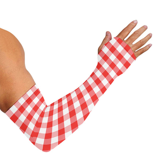 Red And White Gingham Pattern Print Sun Protection Arm Sleeves