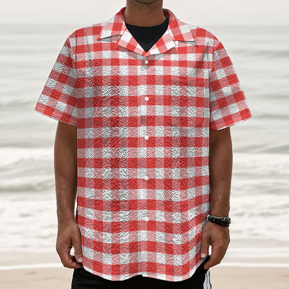 Red And White Gingham Pattern Print Textured Short Sleeve Shirt