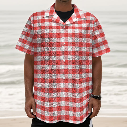 Red And White Gingham Pattern Print Textured Short Sleeve Shirt