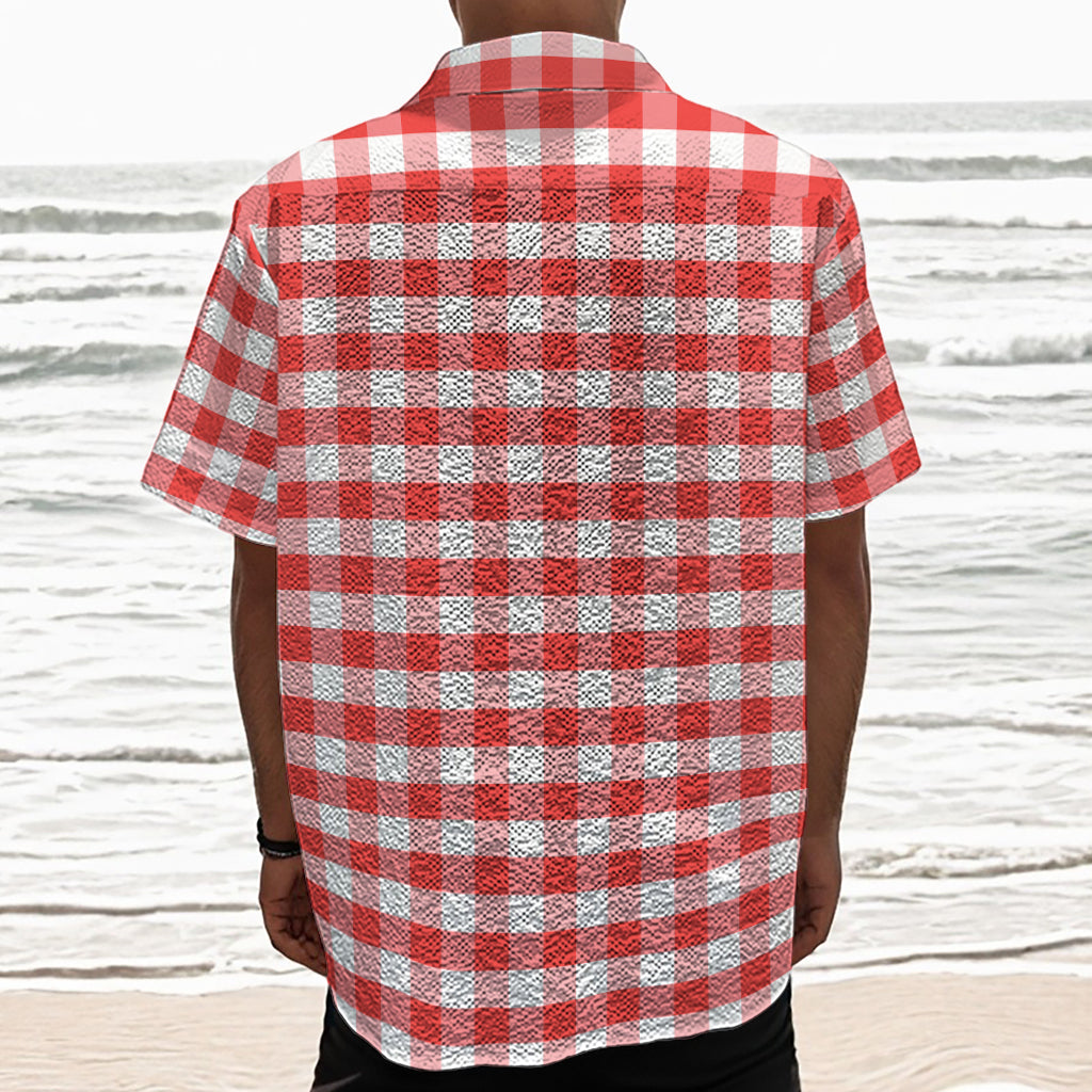 Red And White Gingham Pattern Print Textured Short Sleeve Shirt