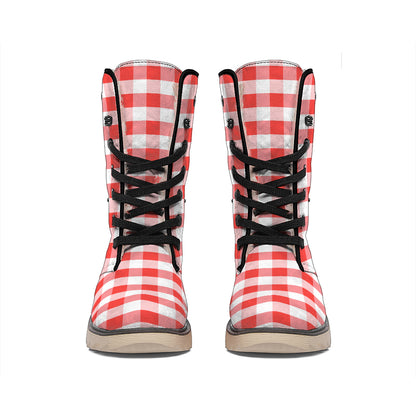 Red And White Gingham Pattern Print Winter Boots