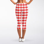 Red And White Gingham Pattern Print Women's Capri Leggings