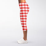 Red And White Gingham Pattern Print Women's Capri Leggings