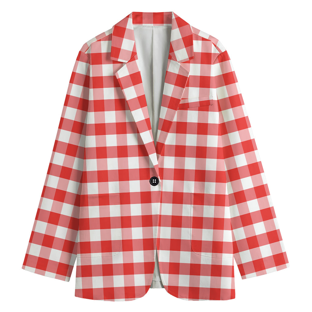 Red And White Gingham Pattern Print Women's Cotton Blazer
