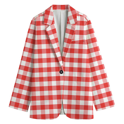 Red And White Gingham Pattern Print Women's Cotton Blazer