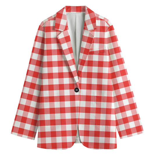 Red And White Gingham Pattern Print Women's Cotton Blazer