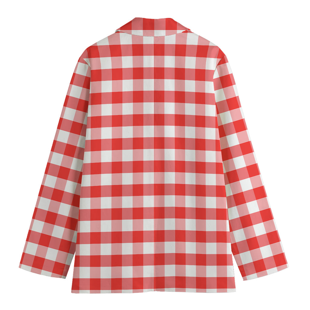 Red And White Gingham Pattern Print Women's Cotton Blazer
