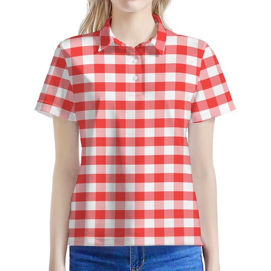 Red And White Gingham Pattern Print Women's Polo Shirt