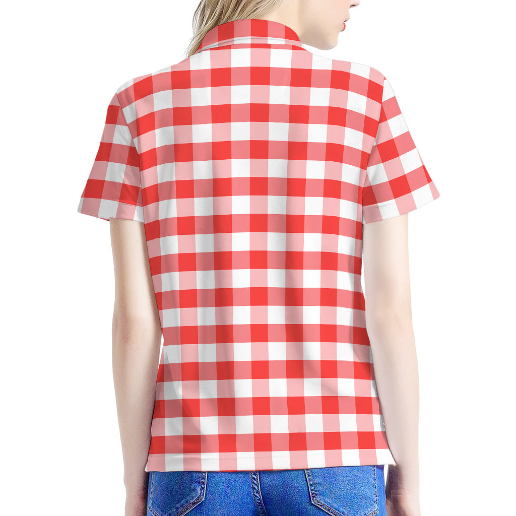 Red And White Gingham Pattern Print Women's Polo Shirt