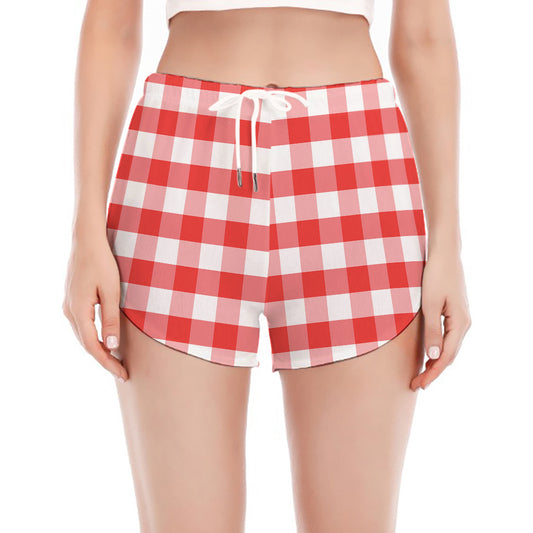 Red And White Gingham Pattern Print Women's Split Running Shorts