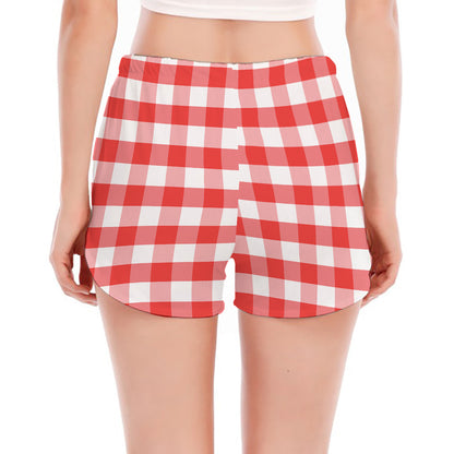 Red And White Gingham Pattern Print Women's Split Running Shorts