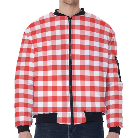 Red And White Gingham Pattern Print Zip Sleeve Bomber Jacket