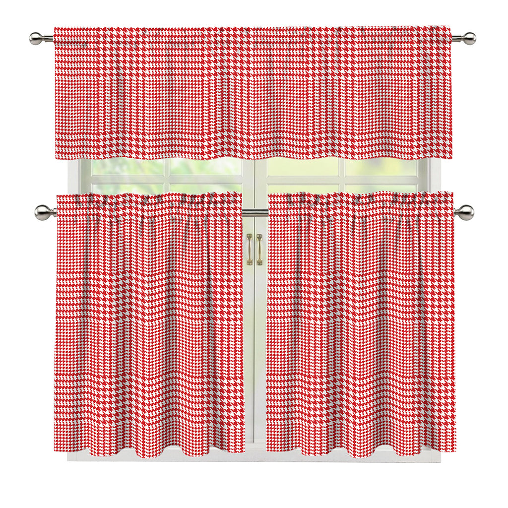 Red And White Glen Plaid Print 3 Piece Kitchen Curtains