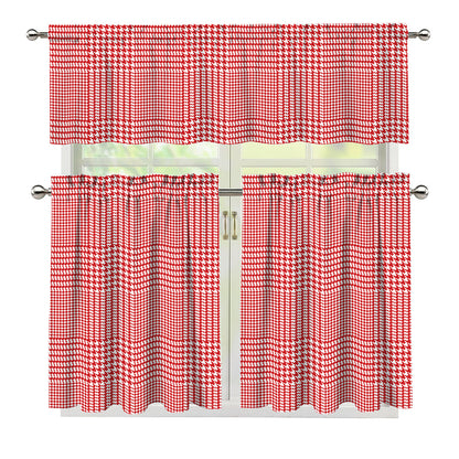 Red And White Glen Plaid Print 3 Piece Kitchen Curtains