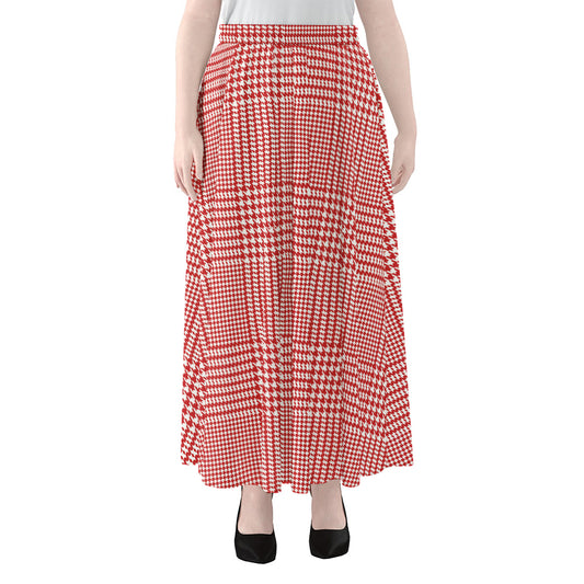 Red And White Glen Plaid Print Chiffon Maxi Skirt